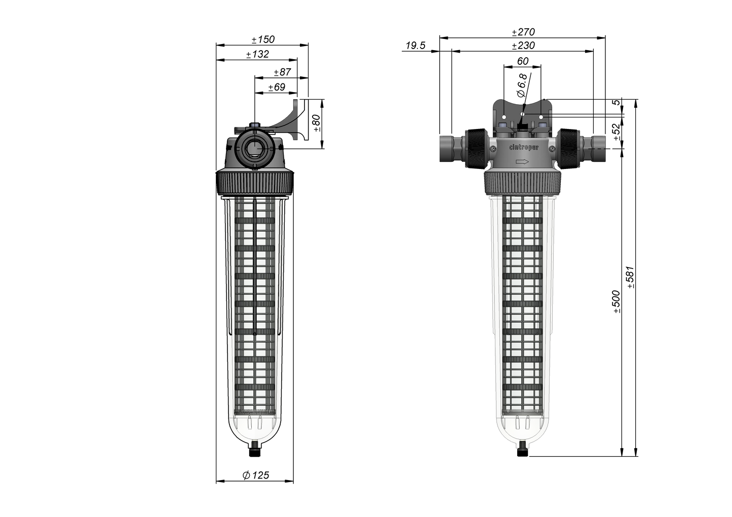 Bild på mått av Partikelfilter från Cintropur med artikel vattenfilter: NW32 för egen brunn