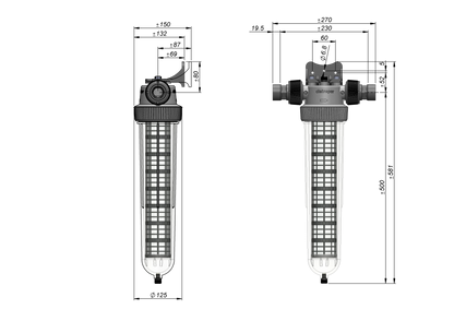 Bild på mått av Partikelfilter från Cintropur med artikel vattenfilter: NW32 för egen brunn