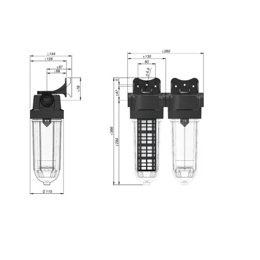Bild på mått av Vattenfilter för Egen Brunn, Kombifilter med Kolfilter och Partikelfilter från Cintropur