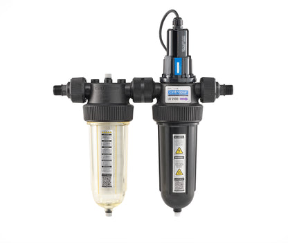 Baksida av vattenfilter nw25 duo Kolfilter och partikelfilter